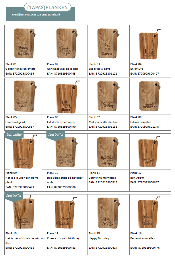 Diverse houten tapasplanken met gegraveerde logo’s als B2B geschenk